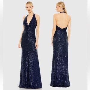 MAC DUGGAL Navy Sequined Halter Strap Plunge Neck Gown NWT $250 SZ 18